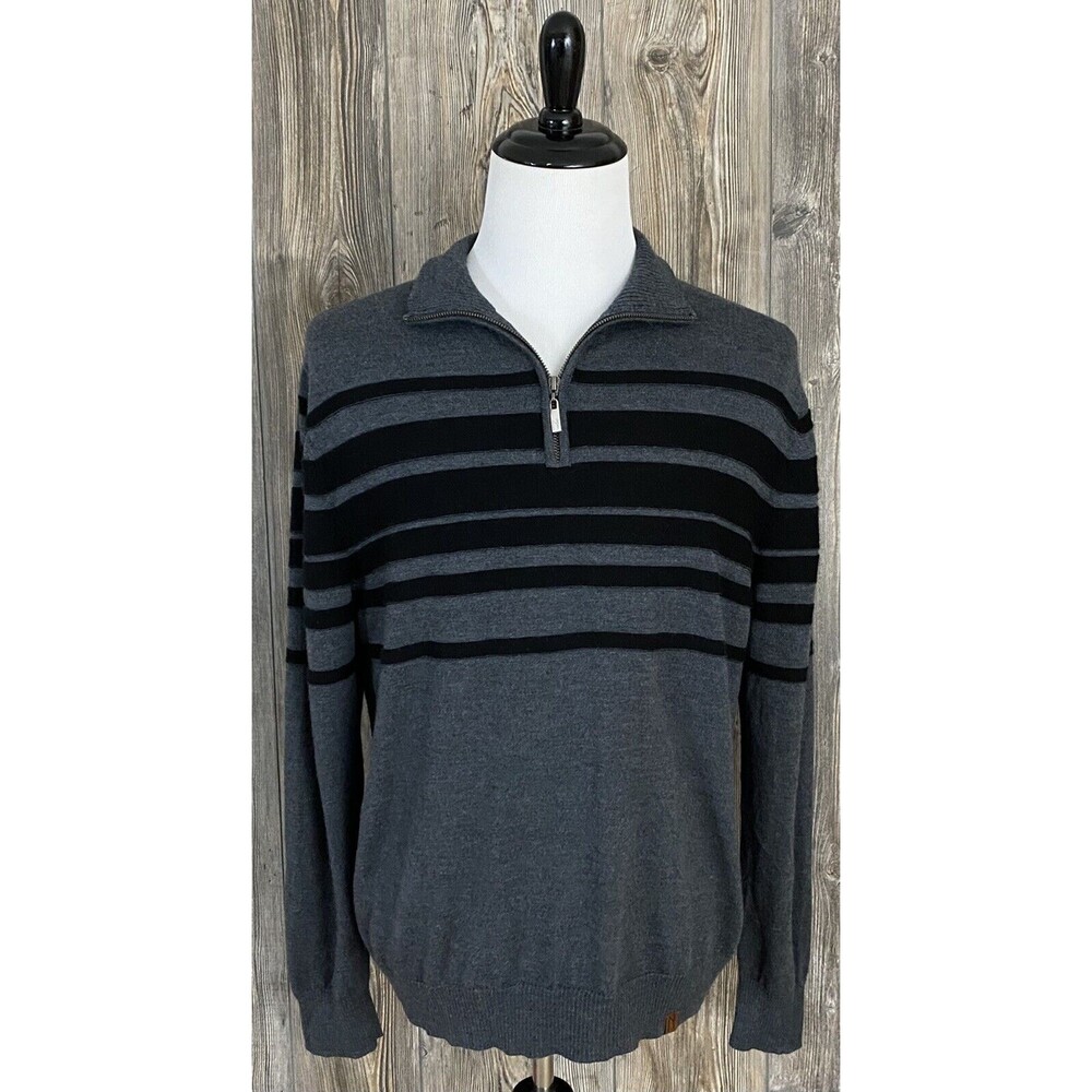 Neve Men's Sweater Size XXL 100% Wool 1/4 Zip Pullover Grey/Black Stripe‎